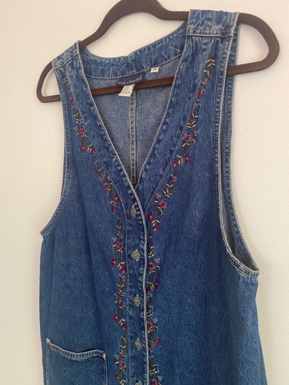 Vintage Eric Charles Denim Vest Dress With Floral Embroidery 100% Cotton Size M